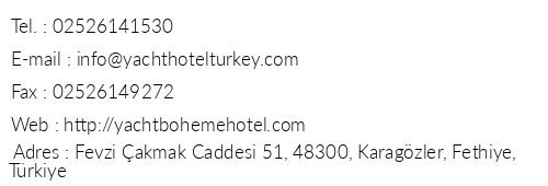 Yacht Boheme Hotel telefon numaralar, faks, e-mail, posta adresi ve iletiim bilgileri